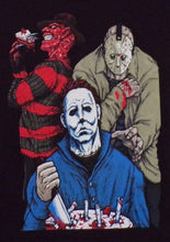 Load image into Gallery viewer, Youth T-shirt featuring a silkscreen design of Michael Myers, Freddy Krueger, and Jason Voorhees sitting around a campfire with a birthday cake. Freddy is holding a knife and a slice of cake, while Jason stands behind Michael, who is in his signature blue jumpsuit. Available in sizes XS-XL.
