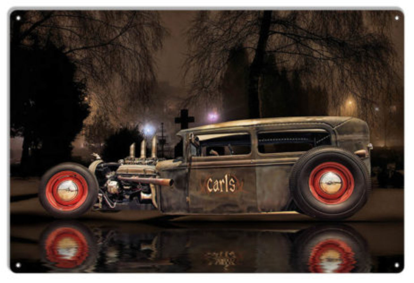 Carl’s Classic Rat Rod garage art metal sign by Bob Kramer featuring vintage chopped hot rod artwork, 12″H × 18″W aluminum.