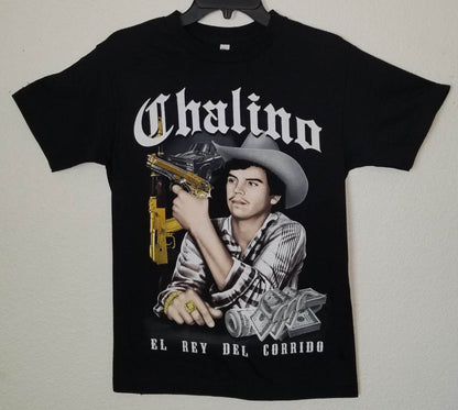 Black Chalino Sánchez t-shirt featuring gold gun, money design, and “El Rey del Corrido” text – Unisex Silkscreen