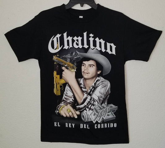 Black Chalino Sánchez t-shirt featuring gold gun, money design, and “El Rey del Corrido” text – Unisex Silkscreen