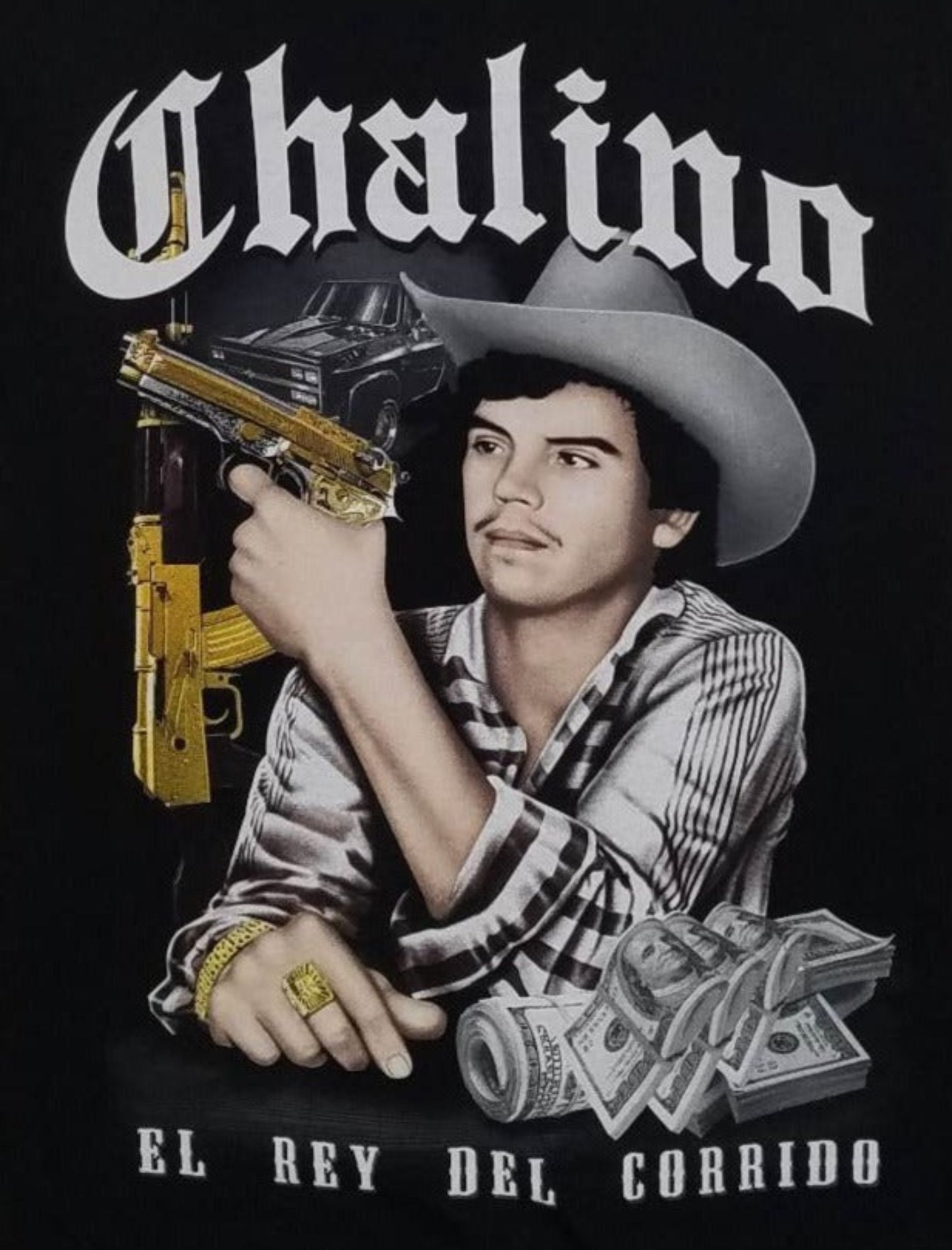 Black Chalino Sánchez t-shirt featuring gold gun, money design, and “El Rey del Corrido” text – Unisex Silkscreen