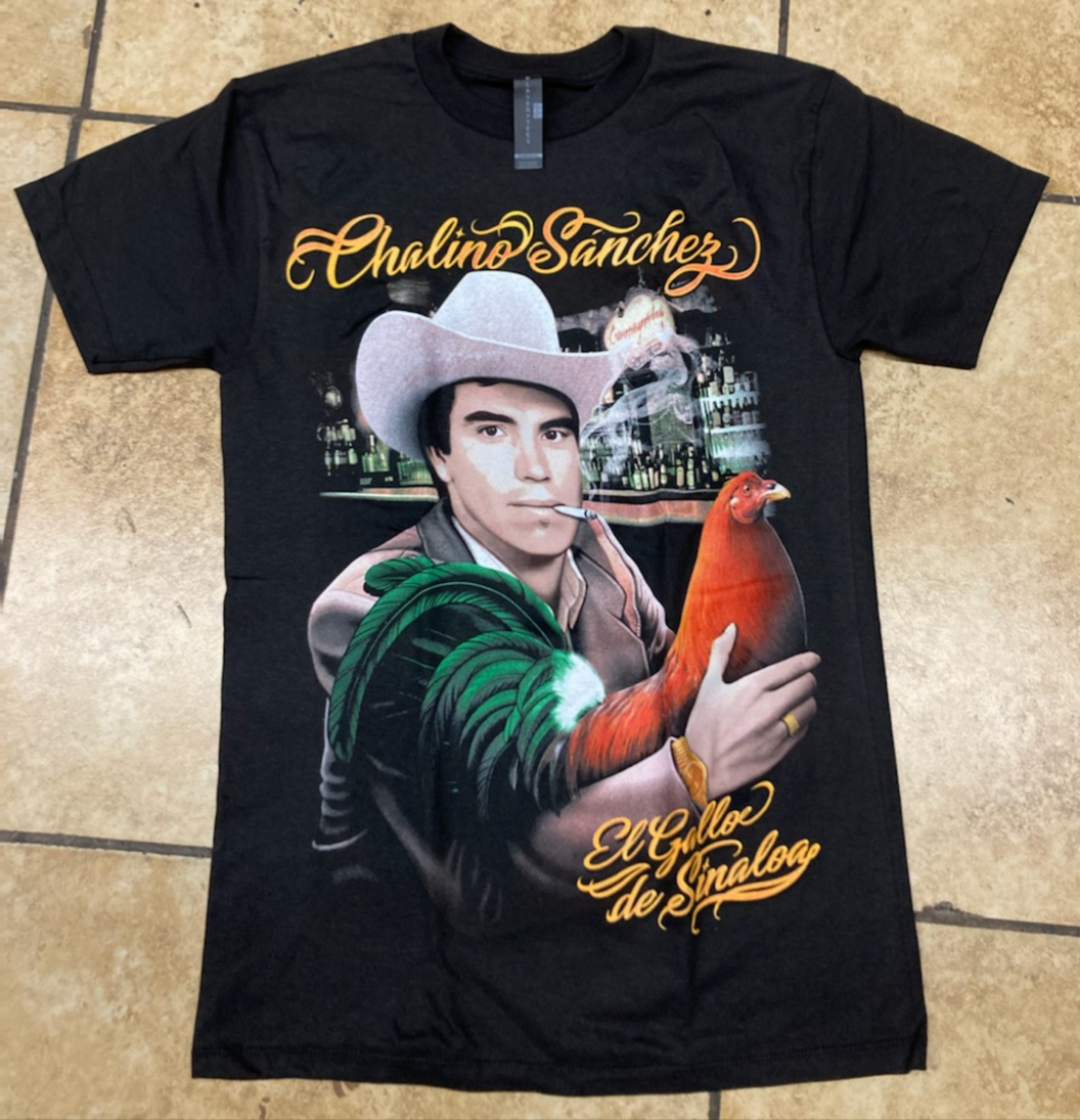 Black Chalino Sánchez t-shirt featuring El Gallo de Sinaloa artwork – Unisex Silkscreen