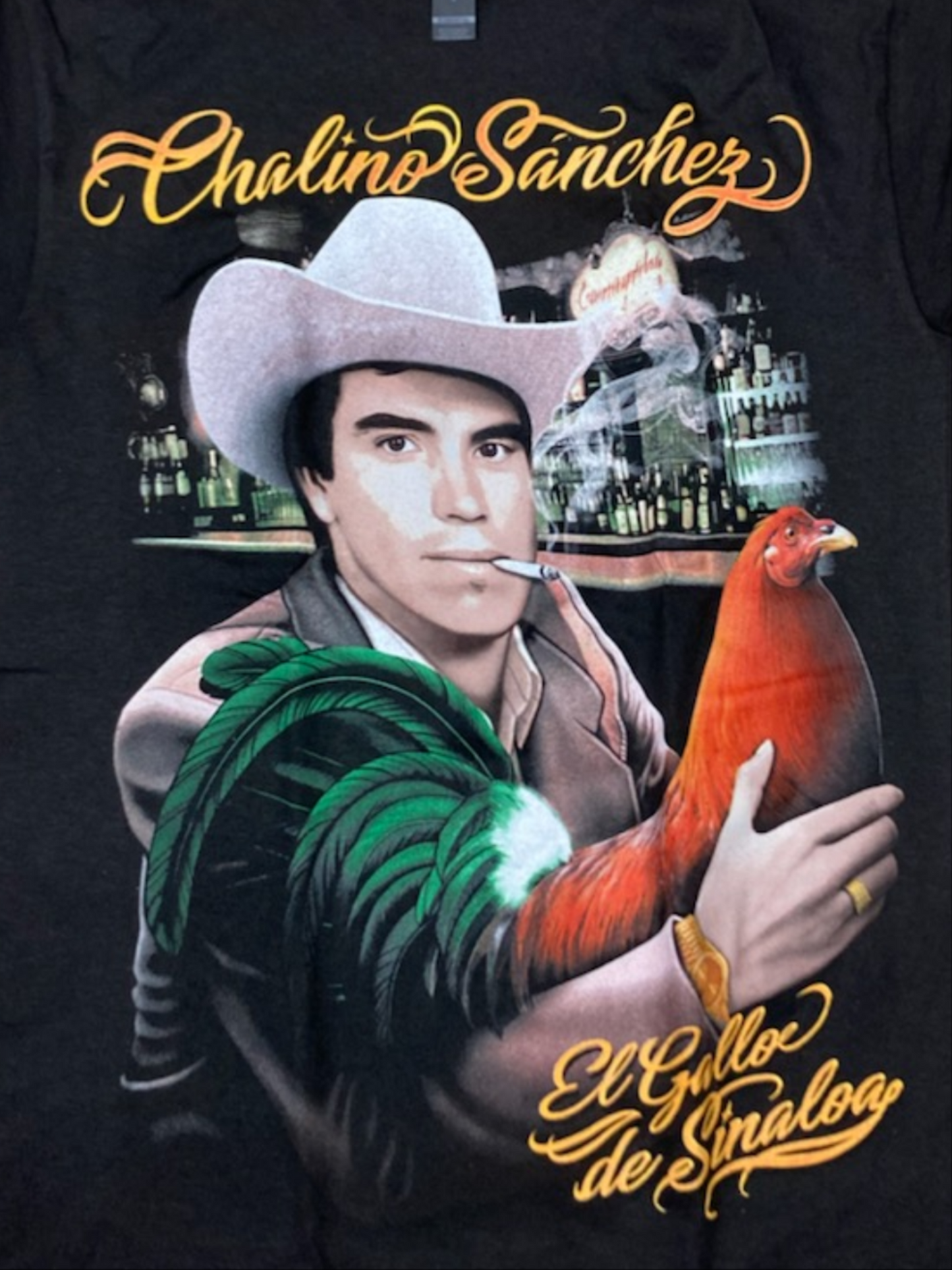 Black Chalino Sánchez t-shirt featuring El Gallo de Sinaloa artwork – Unisex Silkscreen