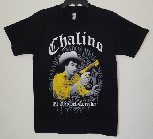 "Chalino Sanchez - El Rey Del Corrido" unisex silkscreen t-shirt featuring a bold graphic of Chalino Sanchez, available in sizes Small-2XL.