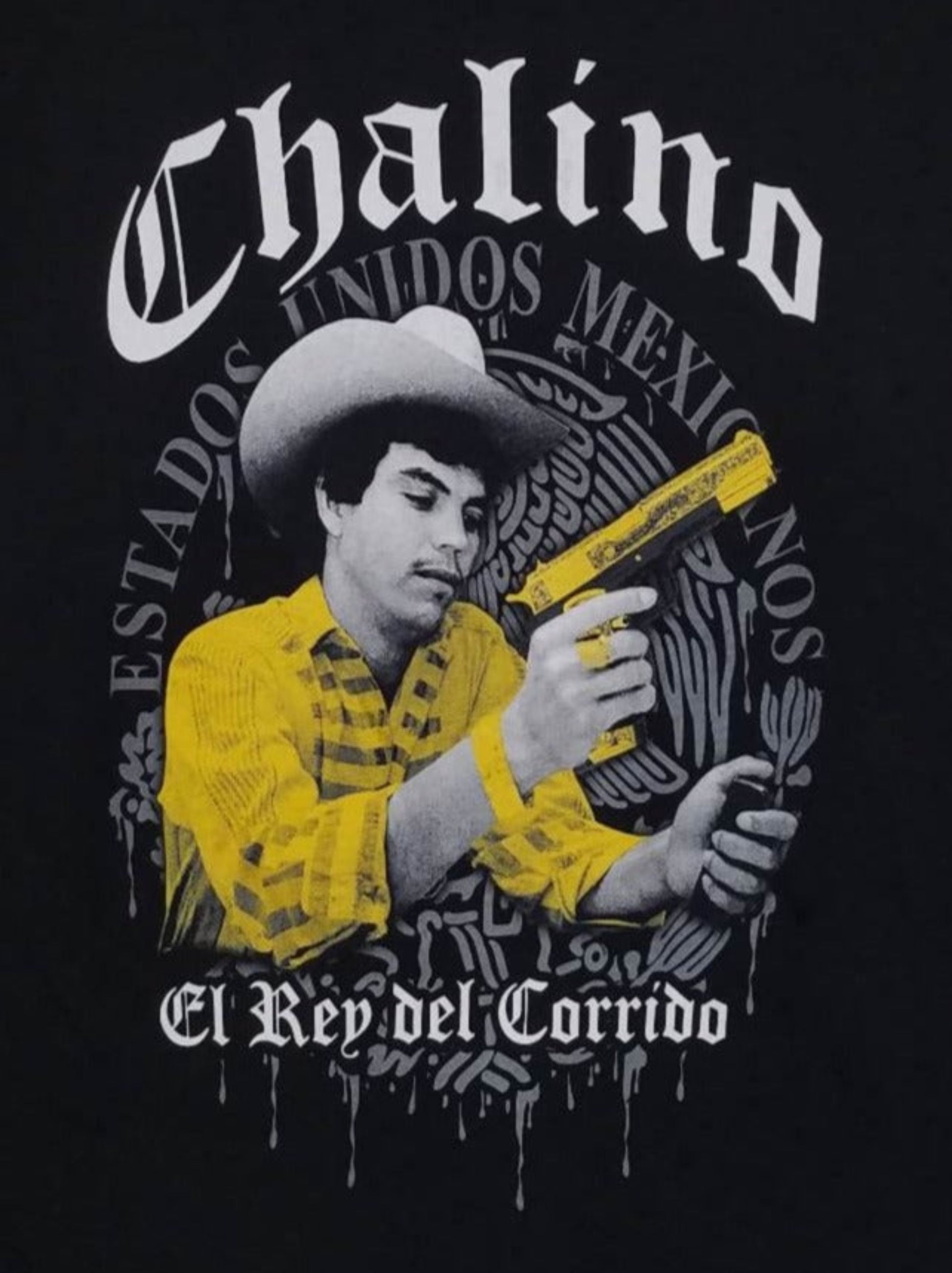 "Chalino Sanchez - El Rey Del Corrido" unisex silkscreen t-shirt featuring a bold graphic of Chalino Sanchez, available in sizes Small-2XL.