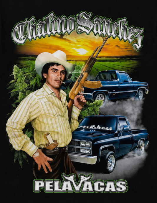 Chalino Sanchez Pelavacas graphic T-shirt with portrait, trucks, and sunset design unisex sizes S–3XL