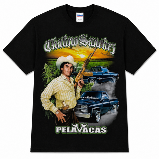 Chalino Sanchez Pelavacas graphic T-shirt with portrait, trucks, and sunset design unisex sizes S–3XL