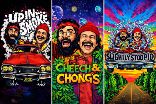 Cheech and Chong Slightly Stoopid 3D lenticular poster featuring neon retrowave comedy artwork, 16 inch by 12 inch novelty wall art