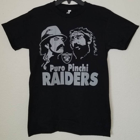 Front view of Cheech and Chong Puro Pinchi Raiders graphic T-shirt featuring black-and-white portrait design with bold lettering printed in authentic silkscreen on black cotton tee