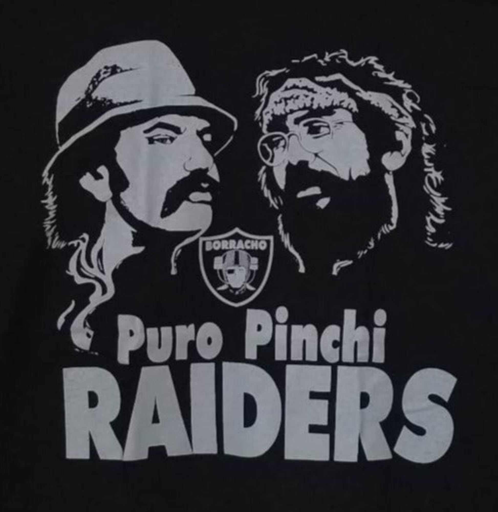 Front view of Cheech and Chong Puro Pinchi Raiders graphic T-shirt featuring black-and-white portrait design with bold lettering printed in authentic silkscreen on black cotton tee