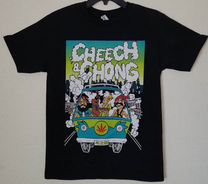 Cheech & Chong - Scooby Doo & Shaggy Mystery Machine Unisex T-shirt featuring the iconic stoner duo with a playful design inspired by the classic Scooby-Doo characters and the Mystery Machine.
