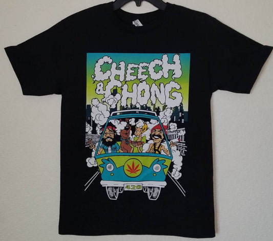 Cheech & Chong - Scooby Doo & Shaggy Mystery Machine Unisex T-shirt featuring the iconic stoner duo with a playful design inspired by the classic Scooby-Doo characters and the Mystery Machine.