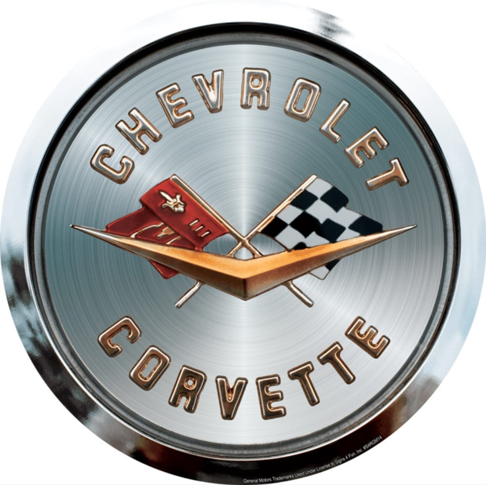 Chevrolet Corvette C1 crossed flags embossed round aluminum sign, 12 inch diameter.