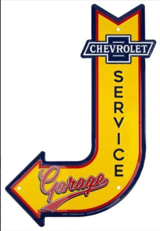 Chevrolet Service bent arrow embossed aluminum sign featuring the Chevrolet bowtie logo, 17.5 inch by 11.5 inch.