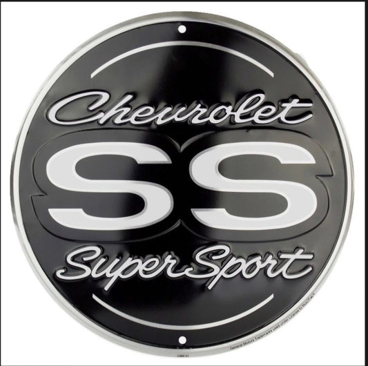Chevrolet SS Super Sport embossed round aluminum sign featuring the classic SS logo, available in 12 inch and 24 inch diameter, perfect for garage or muscle car décor.