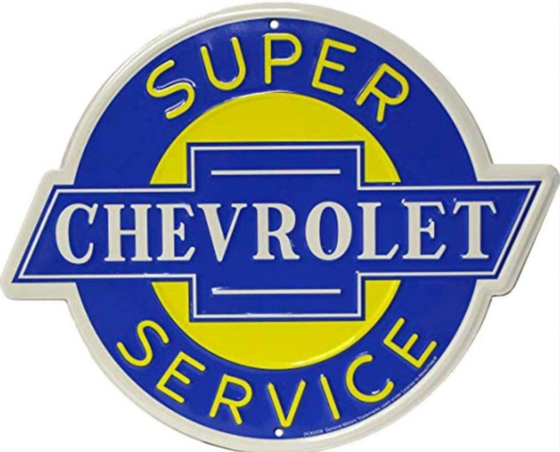 Chevrolet Super Service embossed round aluminum sign featuring the classic blue and yellow Chevy service logo, 24 inch diameter, ideal for garage or workshop décor.