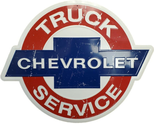 Chevrolet Truck Service embossed round aluminum sign with classic dealership styling, available in 12 inch and 24 inch diameter.