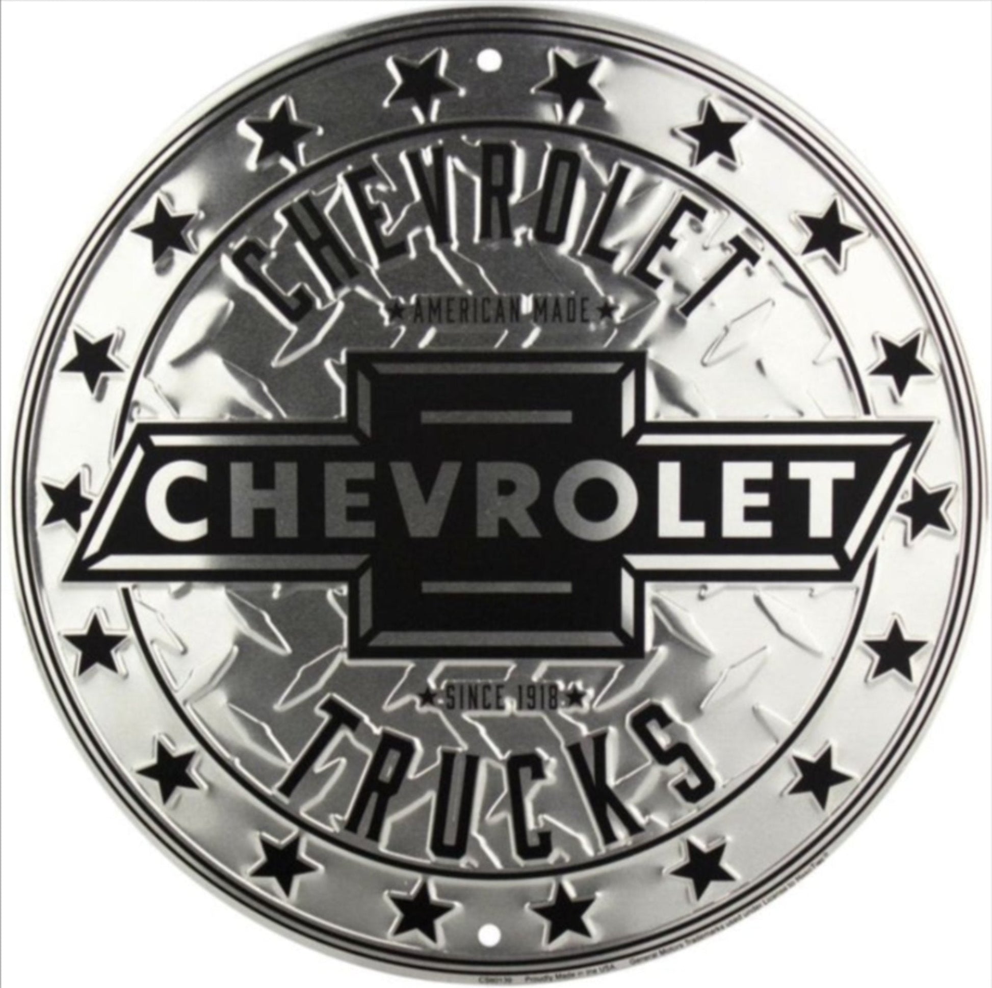 Chevrolet Trucks embossed round aluminum sign featuring a diamond plate background and star ring, available in 12 inch and 24 inch diameter.