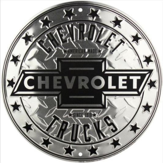 Chevrolet Trucks embossed round aluminum sign featuring a diamond plate background and star ring, available in 12 inch and 24 inch diameter.