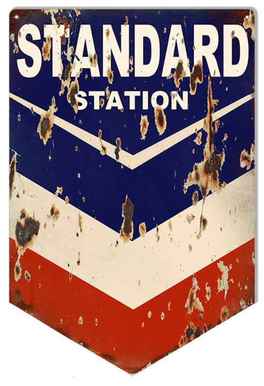  Vintage-style Chevron Standard Station metal sign with an aged look, 12″W x 18″H, perfect for garages, man caves, and collectors.