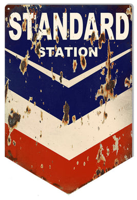  Vintage-style Chevron Standard Station metal sign with an aged look, 12″W x 18″H, perfect for garages, man caves, and collectors.