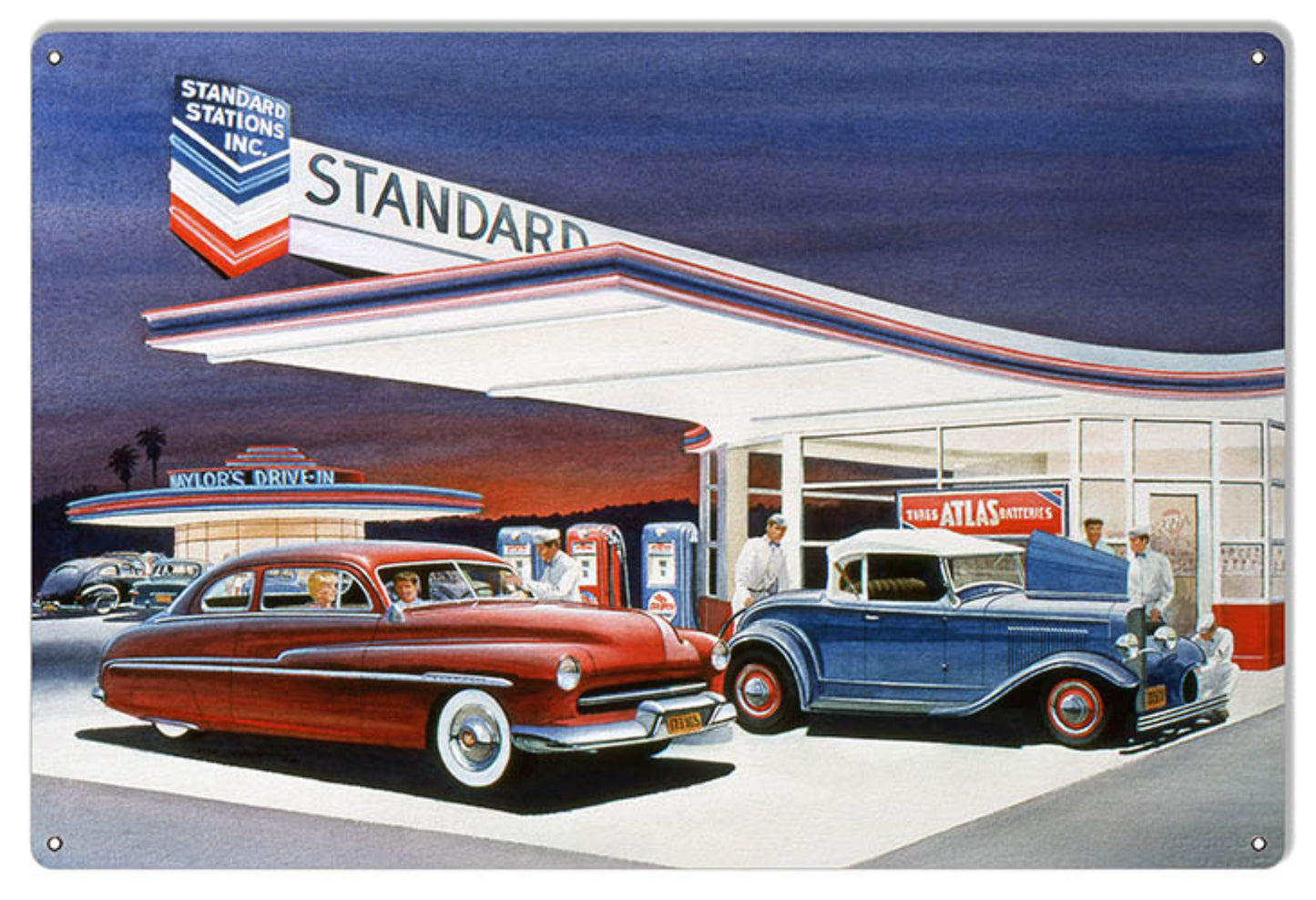 Vintage 1940s Chevron gas station scene with a red Ford Custom Coupe and blue Model A Hot Rod, artwork by Jack Schmitt.