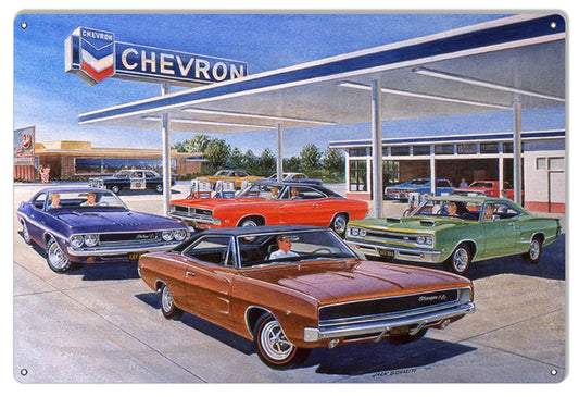 Vintage-style metal wall art depicting a 1960s Chevron gas station scene with classic muscle cars, artwork by Jack Schmitt.