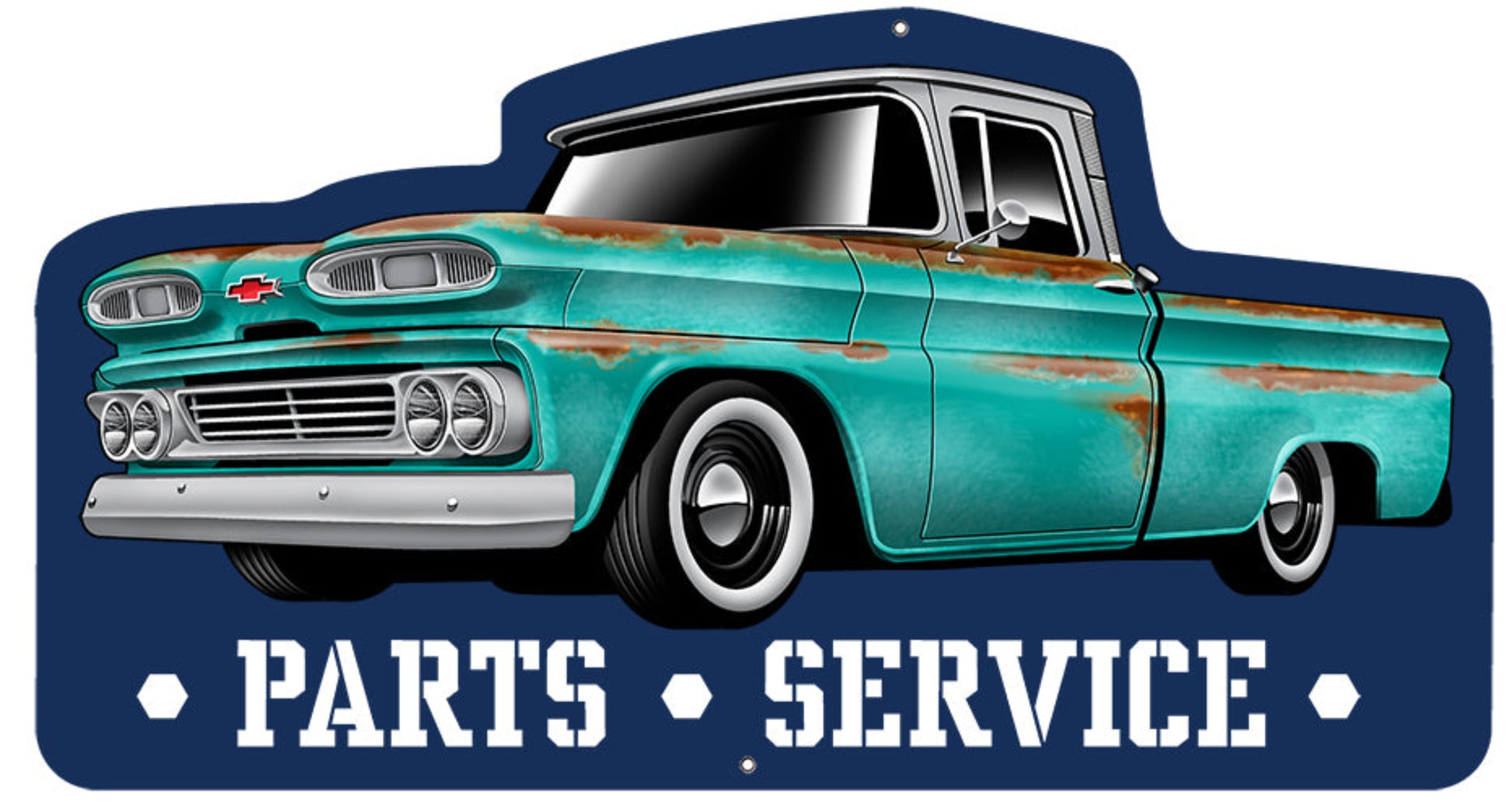 Vintage-style Chevy Parts and Service metal sign featuring a turquoise first-generation Chevrolet C/K pickup with a 3D effect and blue background.
