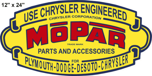 Laser-cut metal wall sign featuring the classic Chrysler Mopar Parts and Accessories design in yellow, red, and navy, made from 22-gauge steel.