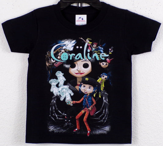 Youth t-shirt featuring Coraline Jones with a collage of other iconic characters from the Coraline movie, showcasing the film's eerie and adventurous atmosphere. Made of 100% cotton for a soft, comfortable fit.