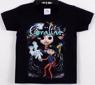 Youth t-shirt featuring Coraline Jones with a collage of other iconic characters from the Coraline movie, showcasing the film's eerie and adventurous atmosphere. Made of 100% cotton for a soft, comfortable fit.