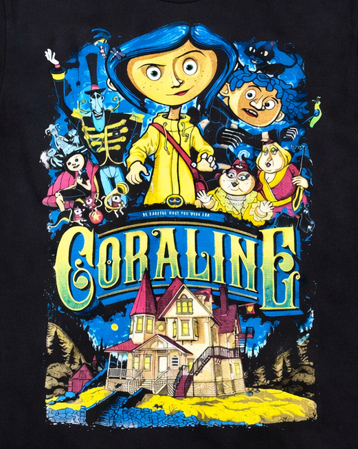 Coraline movie poster graphic unisex black t-shirt animated film characters Coraline Wybie Pink Palace S-3XL