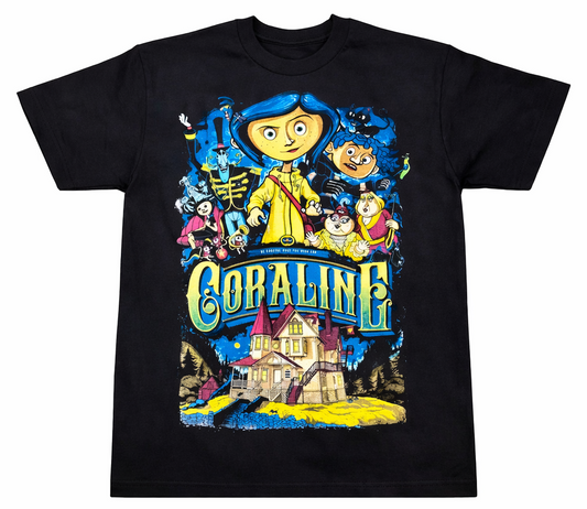Coraline movie poster graphic unisex black t-shirt animated film characters Coraline Wybie Pink Palace S-3XL