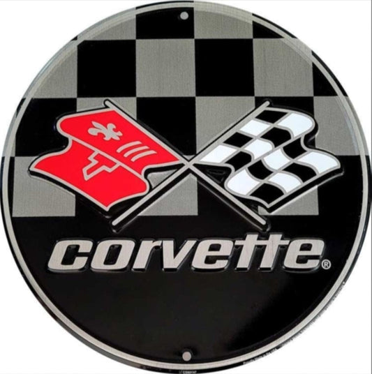 Corvette C6 era crossed flags embossed round aluminum sign, available in 12 inch and 24 inch diameter.