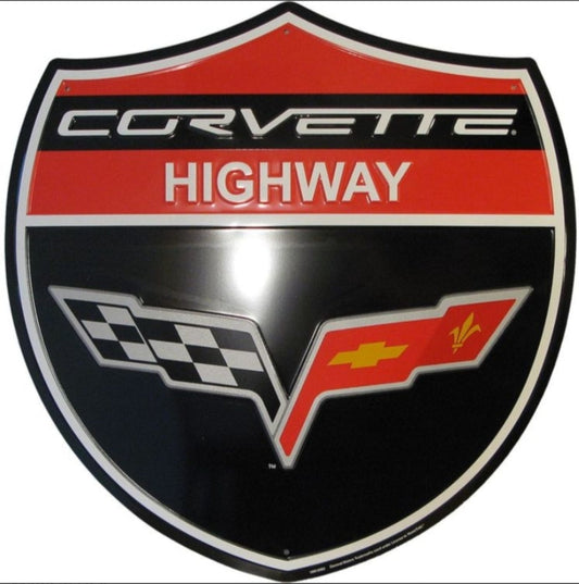 Corvette Highway embossed aluminum sign featuring a shield-style design representing the C6 Corvette generation from 2005–2013, available in 12 inch and 24 inch sizes.