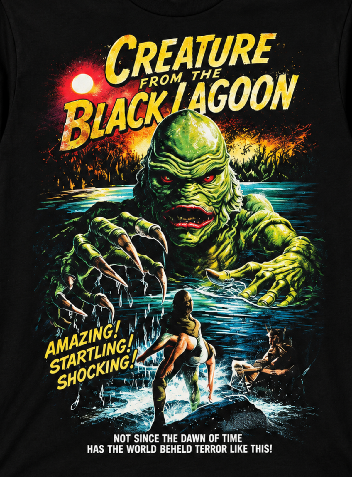 Close-up of Creature from the Black Lagoon shirt artwork with the Gill-man rising from the water beneath the yellow movie title and vintage horror taglines.