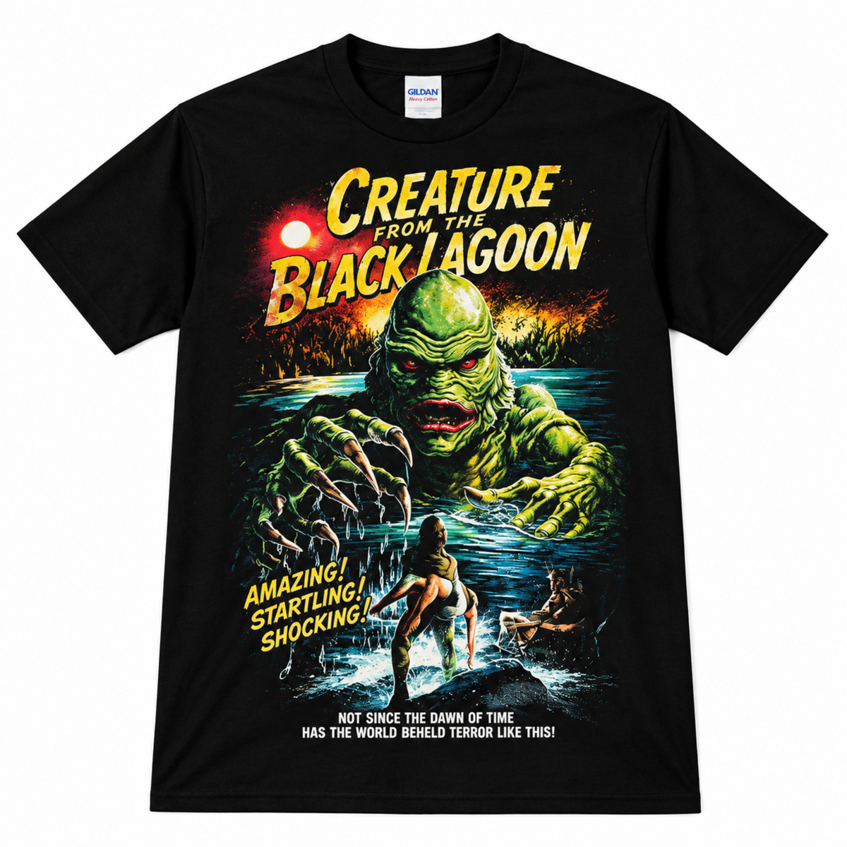 Creature from the Black Lagoon black graphic T-shirt featuring the Gill-man, red moon, swamp scene and Amazing! Startling! Shocking! artwork.