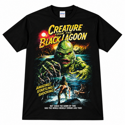Creature from the Black Lagoon black graphic T-shirt featuring the Gill-man, red moon, swamp scene and Amazing! Startling! Shocking! artwork.