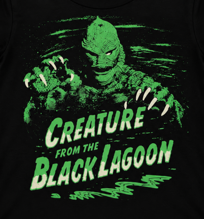Creature from the Black Lagoon green Gill-man silkscreen artwork featured on the youth T-shirt