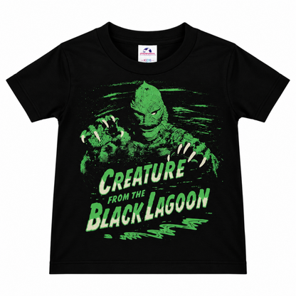 Creature from the Black Lagoon youth black T-shirt featuring the Gill-man in a vivid green classic horror graphic