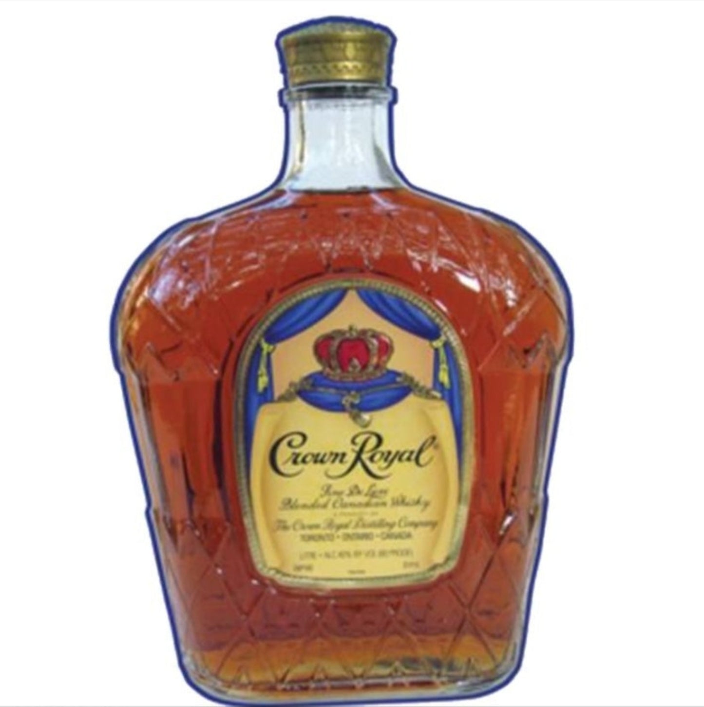Crown Royal Fine De Luxe Bottle embossed aluminum sign featuring a crown-shaped whisky bottle design, 18 inches tall by 12 inches wide.