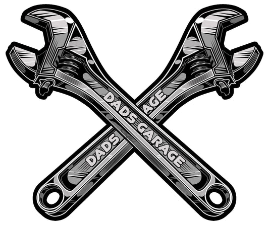 Dad’s Garage Crossed Wrench sign by Steve McDonald featuring mechanic garage artwork, 17.5″H × 14.5″W 