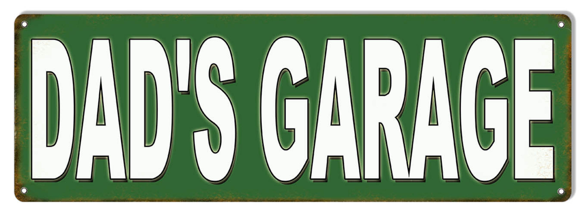 Dad’s Garage metal sign featuring vintage street sign style artwork, 6″H × 18″W aluminum.