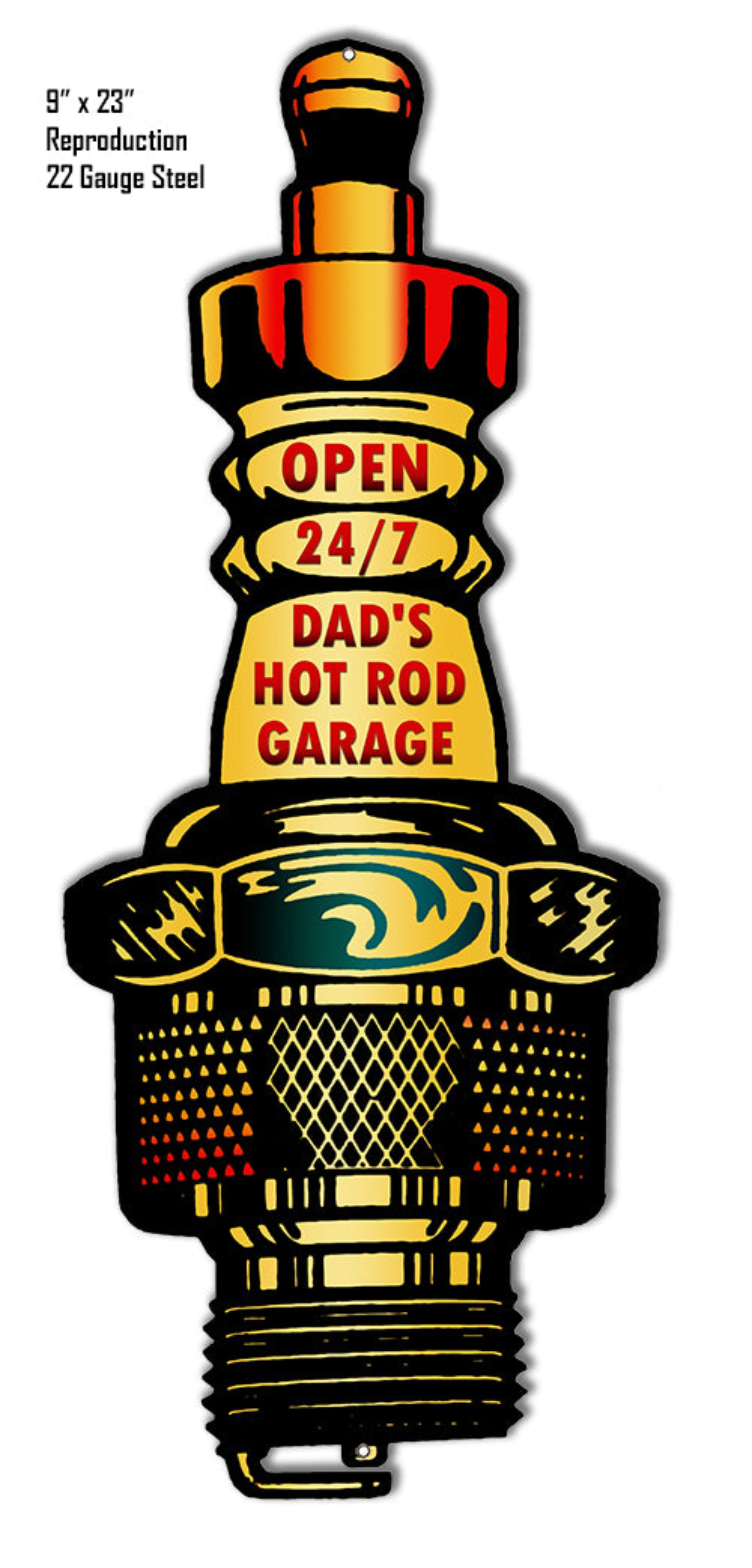 Dad’s Garage Open 24/7 spark plug laser cut sign featuring vintage hot rod garage artwork, 23″H × 9″W steel.
