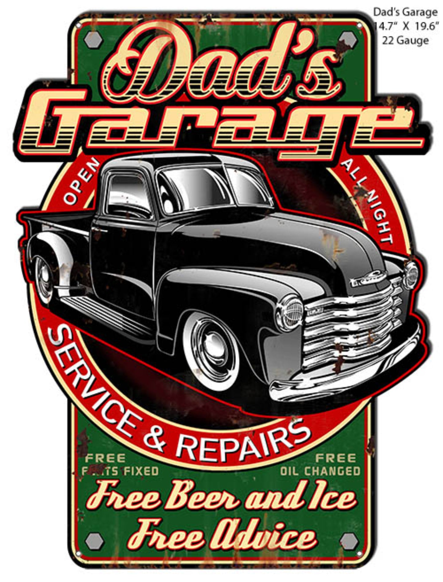 Dad’s Garage Service & Repairs sign by Steve McDonald featuring a classic 1950s Chevy pickup truck and vintage garage artwork, 19.6″H × 14.7″W 