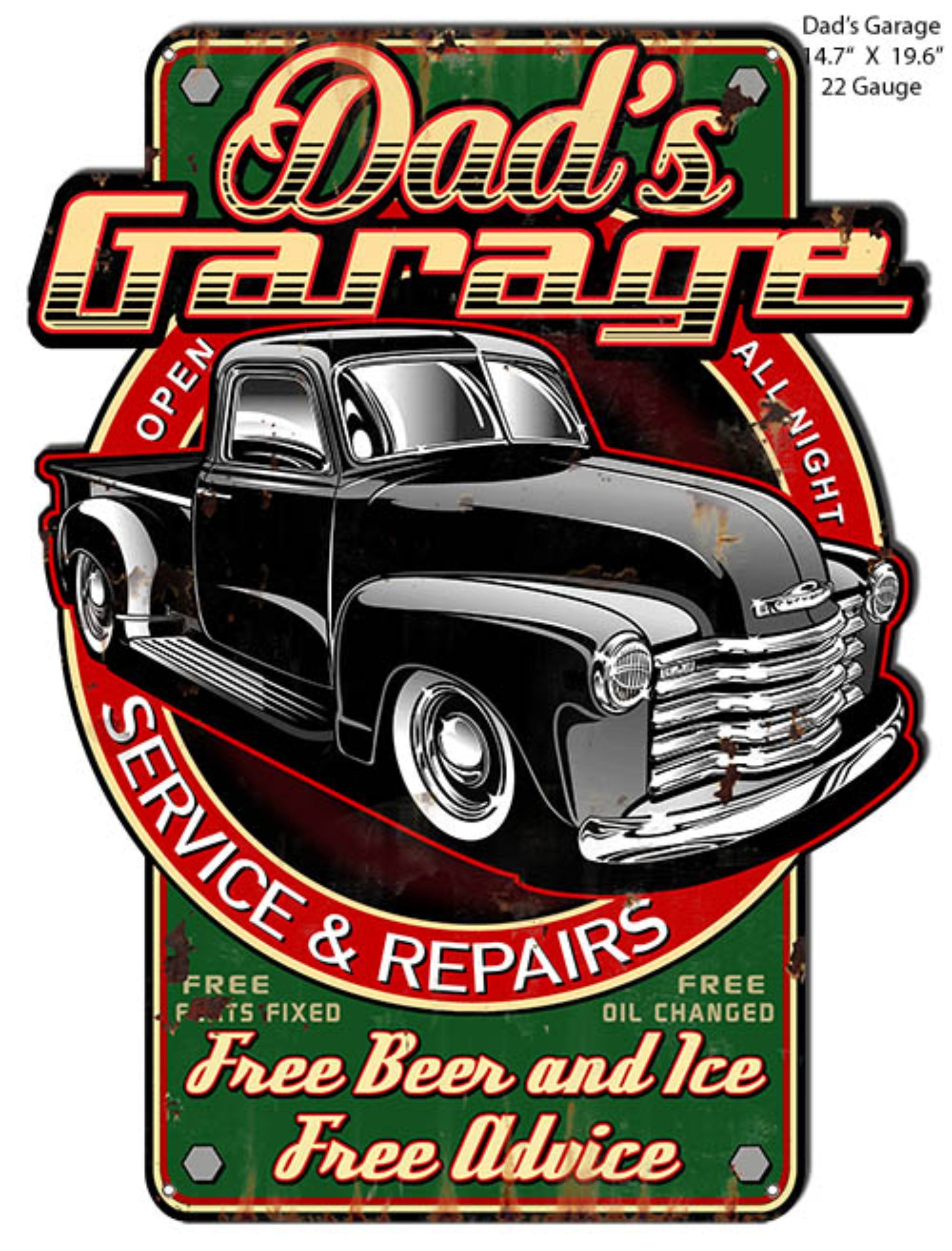 Dad’s Garage Service & Repairs sign by Steve McDonald featuring a classic 1950s Chevy pickup truck and vintage garage artwork, 19.6″H × 14.7″W 