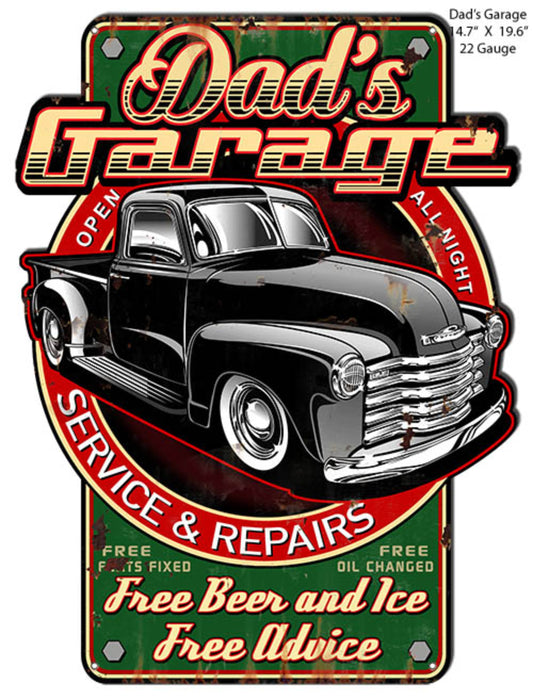 Dad’s Garage Service & Repairs sign by Steve McDonald featuring a classic 1950s Chevy pickup truck and vintage garage artwork, 19.6″H × 14.7″W 