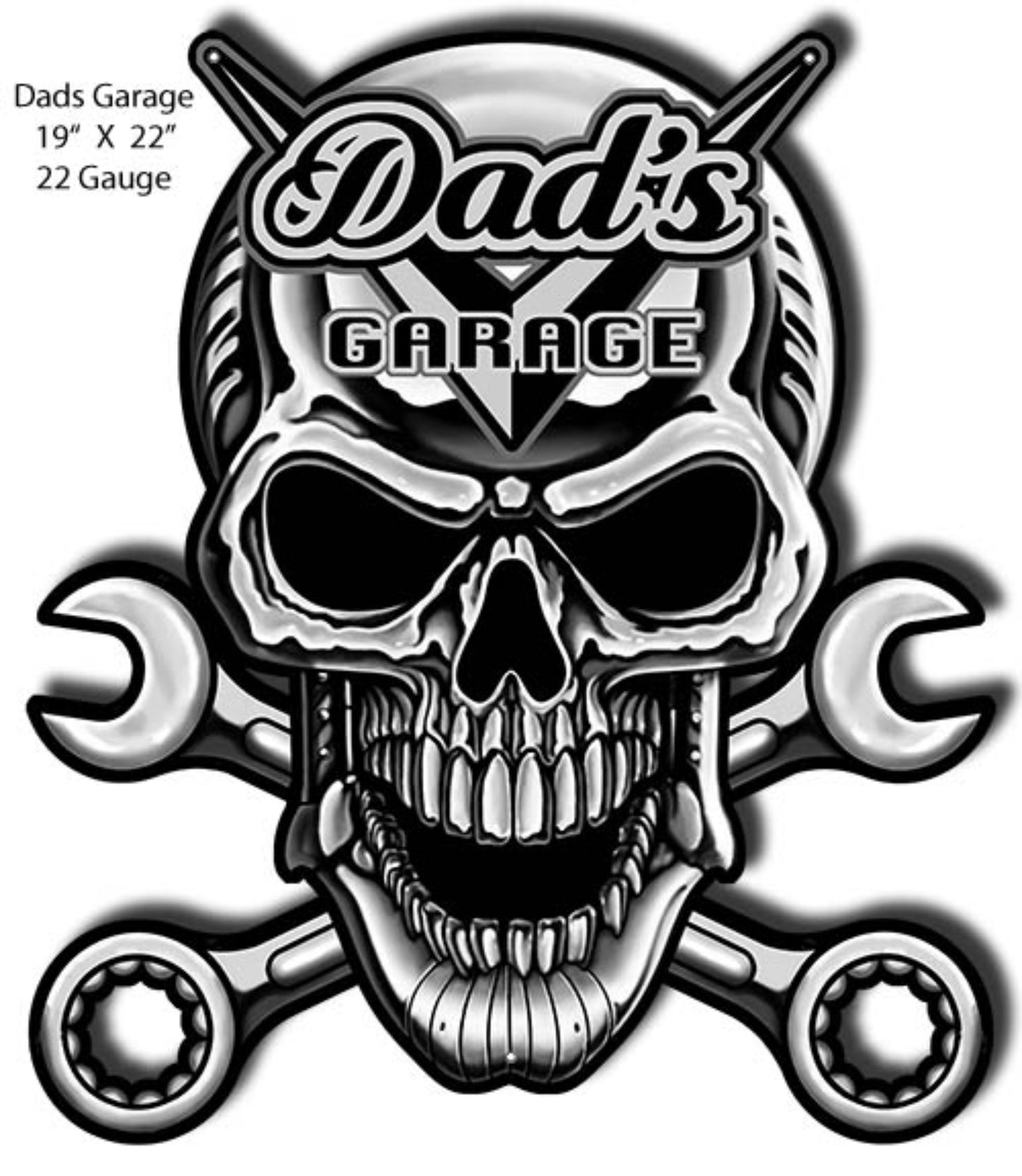 Dad’s Garage – Skull & Wrenches Laser Cut Metal Sign by Steve McDonald featuring a silver skull and crossed wrenches on a black background, perfect garage wall art.