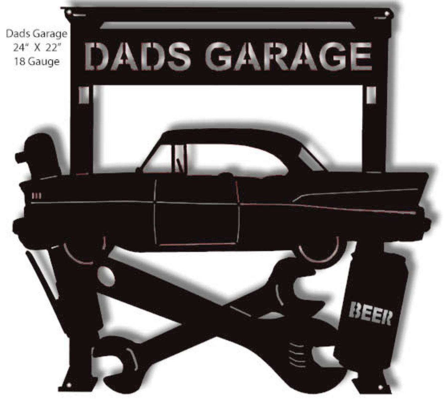 Dad’s Garage Tri-Five silhouette laser cut sign featuring classic hot rod garage artwork, 24″H × 22″W steel.