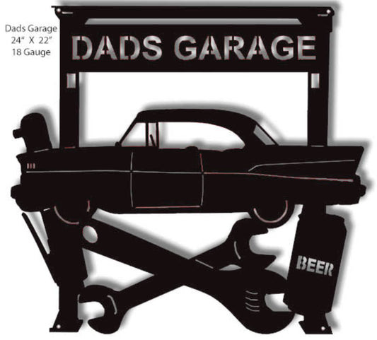 Dad’s Garage Tri-Five silhouette laser cut sign featuring classic hot rod garage artwork, 24″H × 22″W steel.
